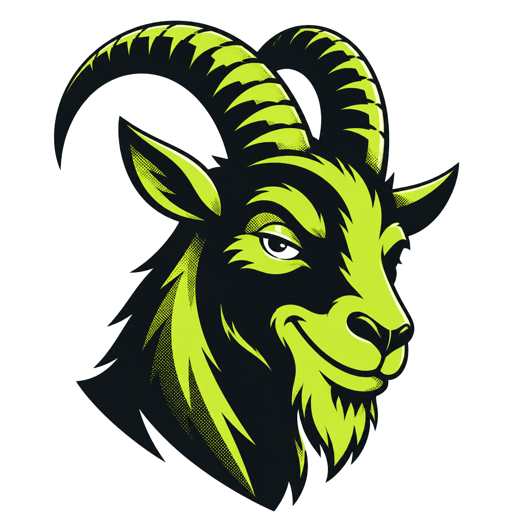 Illustrated mountain goat mascot with bold curved horns, the GOAT of getting things done